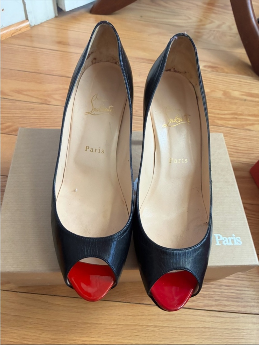 Christian Louboutin Black Leather Peep-Toe Pumps with Red Toe Cap